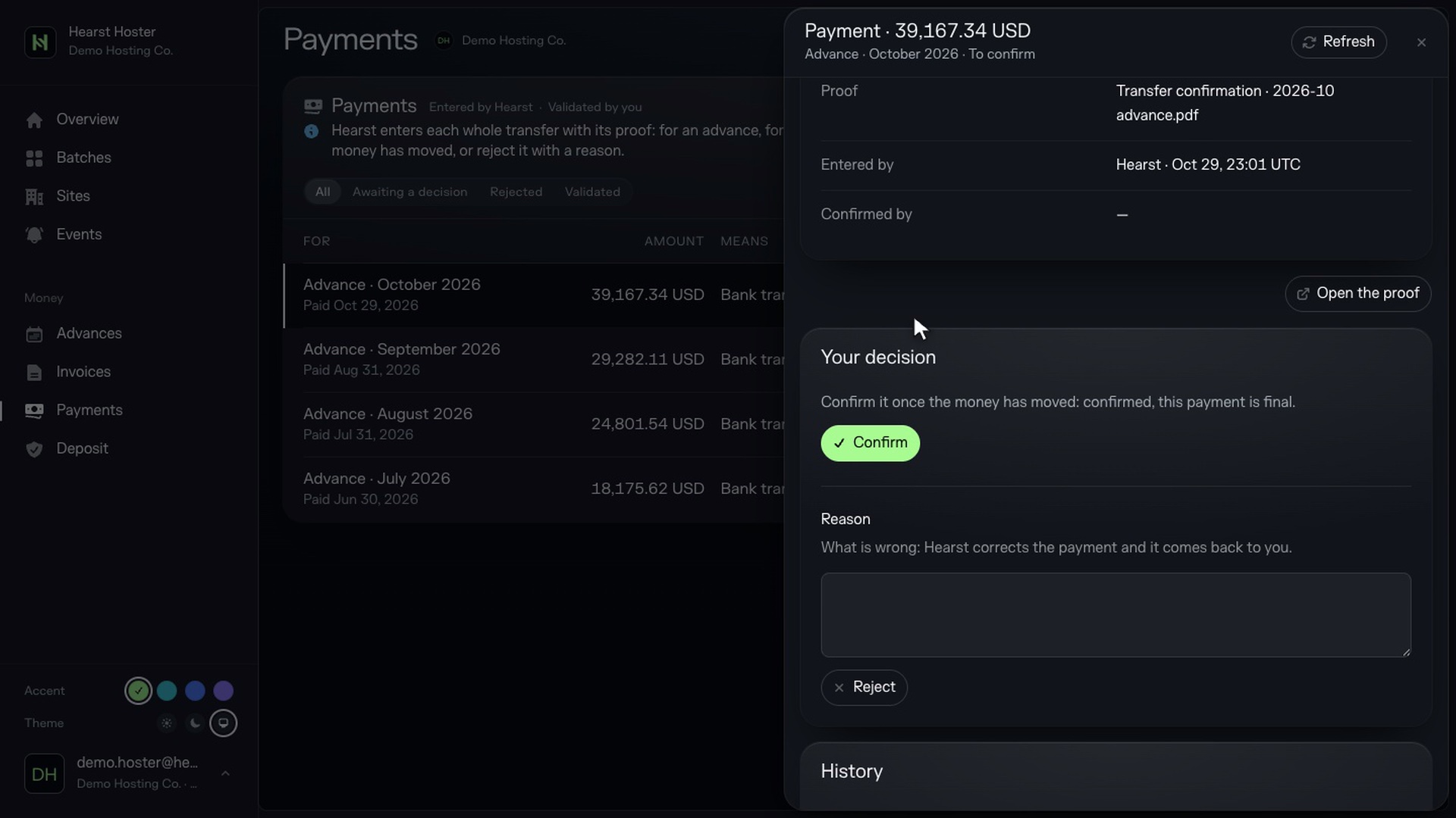 A transfer with its proof, waiting for confirmation